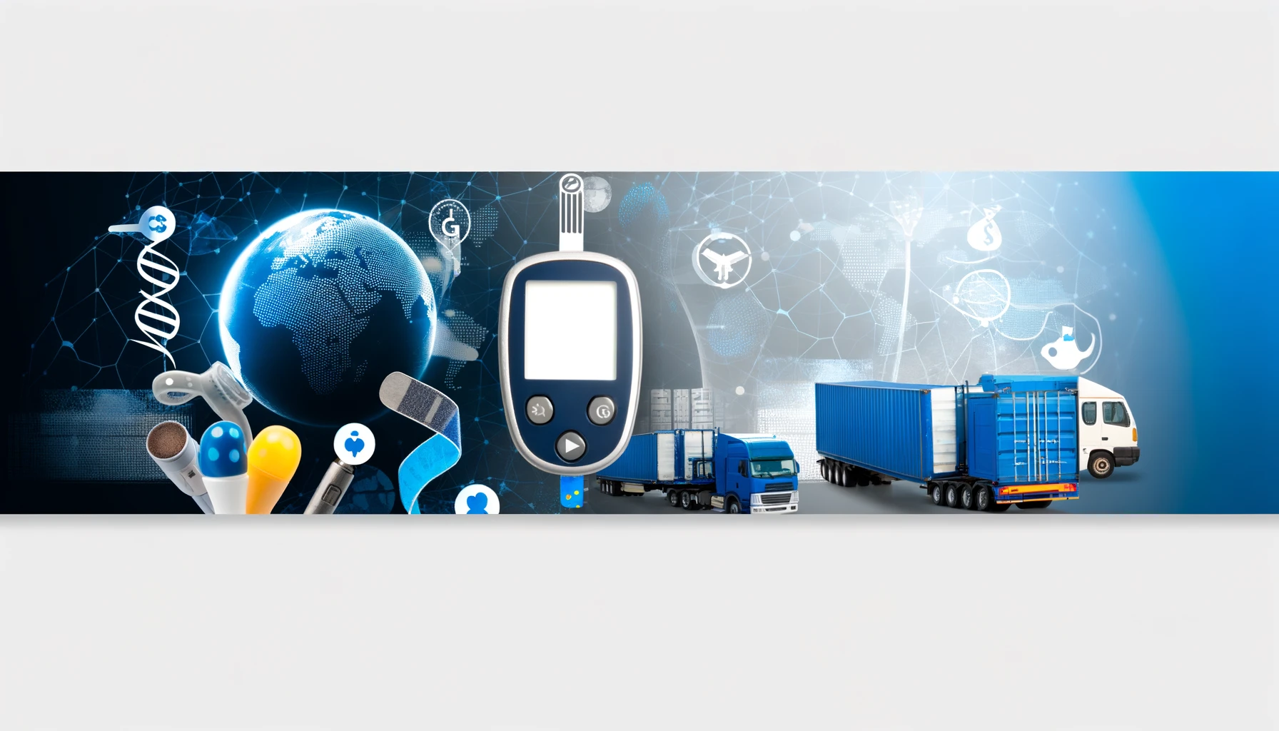 A conceptual banner depicting a continuous glucose monitoring device alongside symbols of global connectivity and international shipping, highlighting the theme of accessible diabetes management technology.