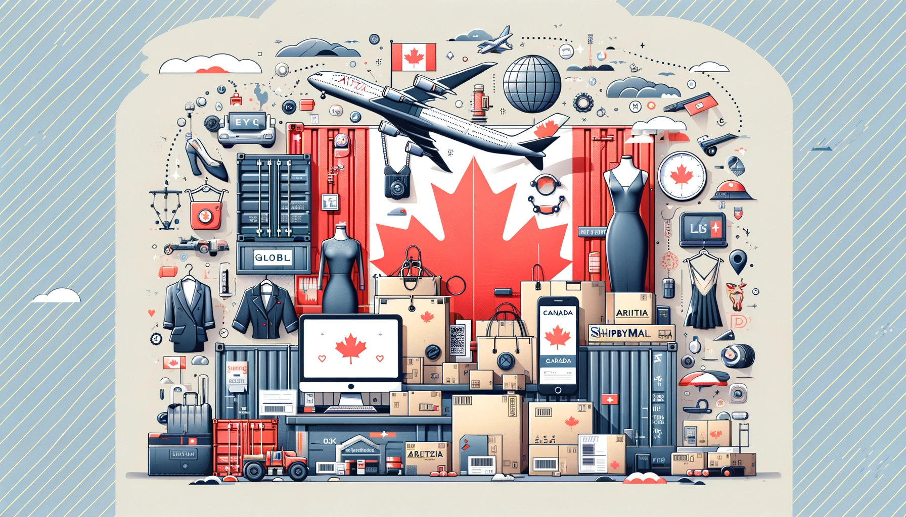 Fashion items from Aritzia, including clothing and accessories, alongside Canadian maple leaves, a globe, and shipping containers to represent international shopping and shipping from Canada.