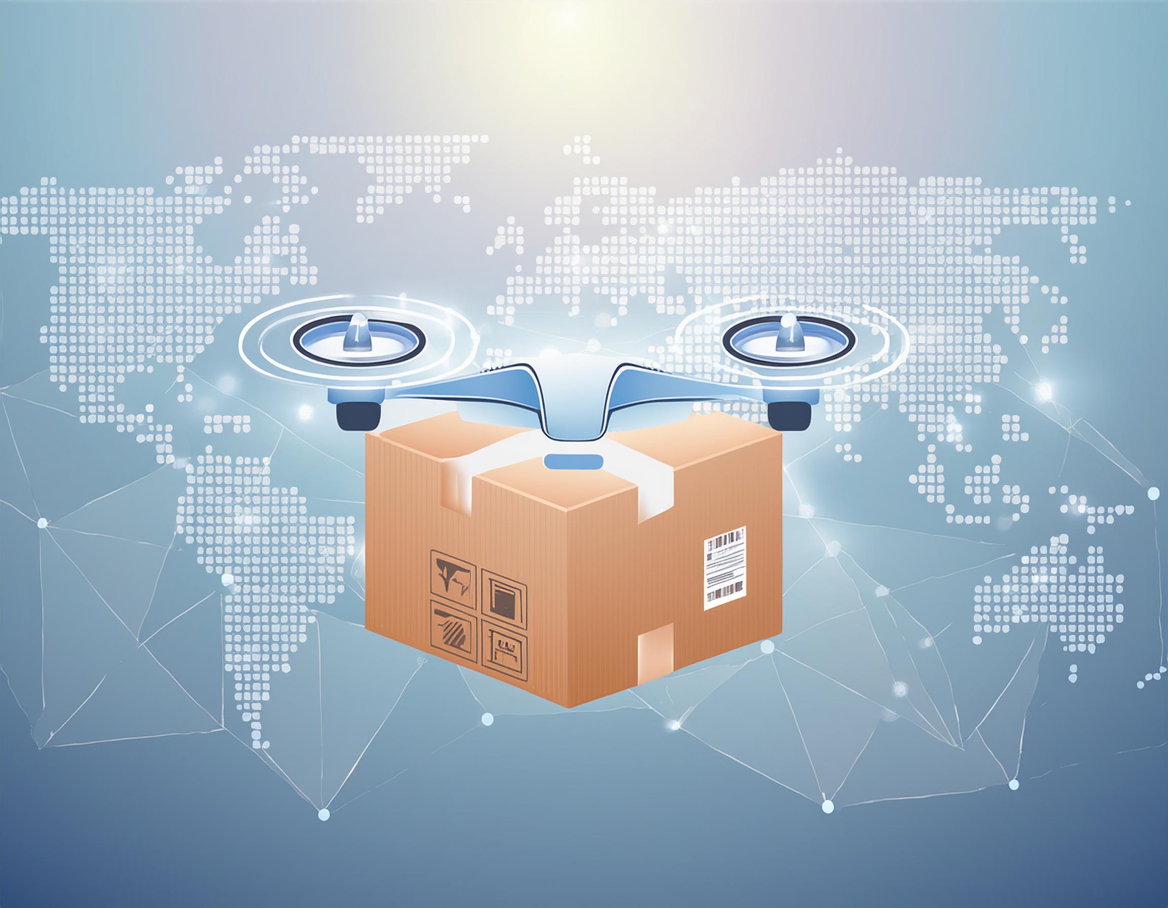 A futuristic image depicting drones, augmented reality glasses, blockchain symbols, and artificial intelligence algorithms, representing the innovations shaping the future of parcel forwarding