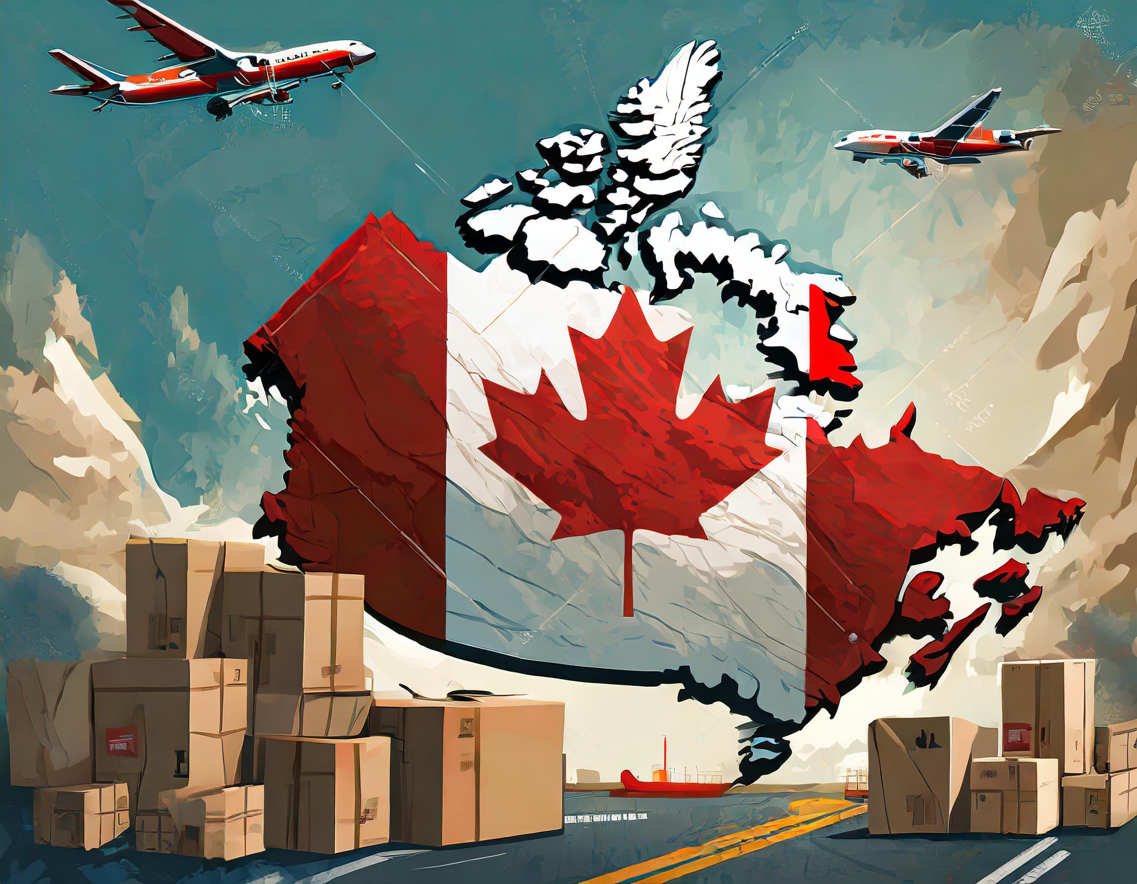 A map of Canada with parcels and a Canadian flag, representing parcel forwarding services in Canada