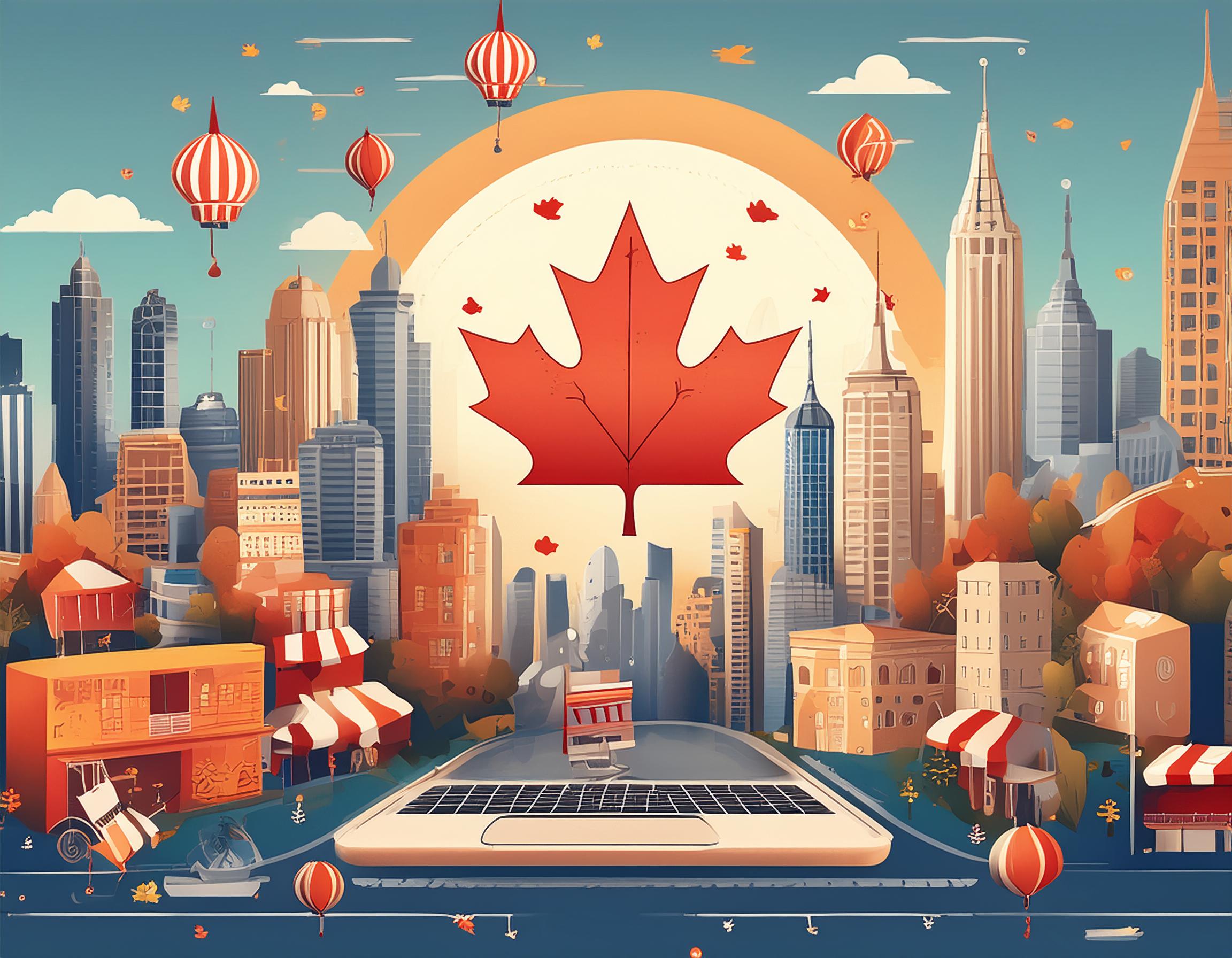 An illustration depicting the dynamic landscape of Canada's eCommerce sector, featuring online shopping platforms, mobile devices, social commerce channels, and parcel forwarding services.