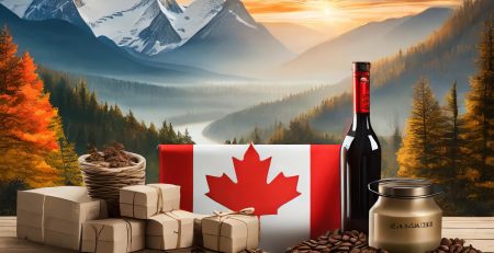 A collage of items representing the top 10 must-have products to ship to Canada from overseas, including maple syrup, coffee, outdoor gear, tech gadgets, and more, with the Canadian flag in the background.