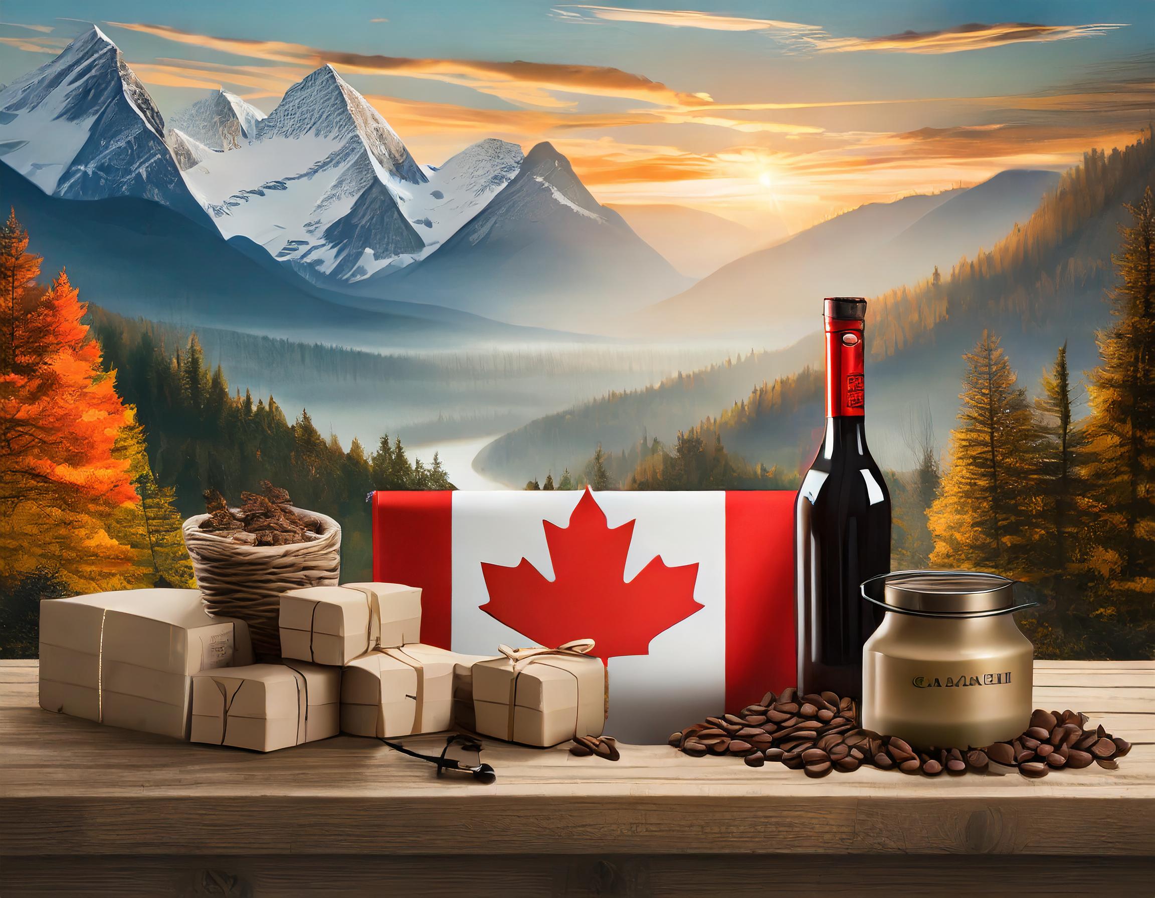 A collage of items representing the top 10 must-have products to ship to Canada from overseas, including maple syrup, coffee, outdoor gear, tech gadgets, and more, with the Canadian flag in the background.