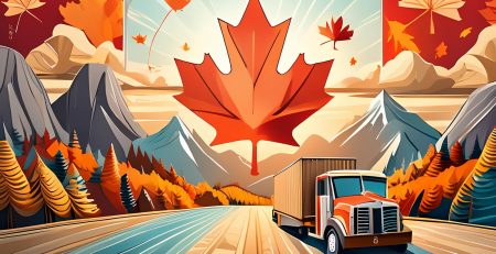Collage of quirky and unique Canadian items including maple syrup, butter tarts, poutine, totem poles, beaded jewelry, dreamcatchers, Canadian coins, hockey memorabilia, and stamps with elements of parcel forwarding.