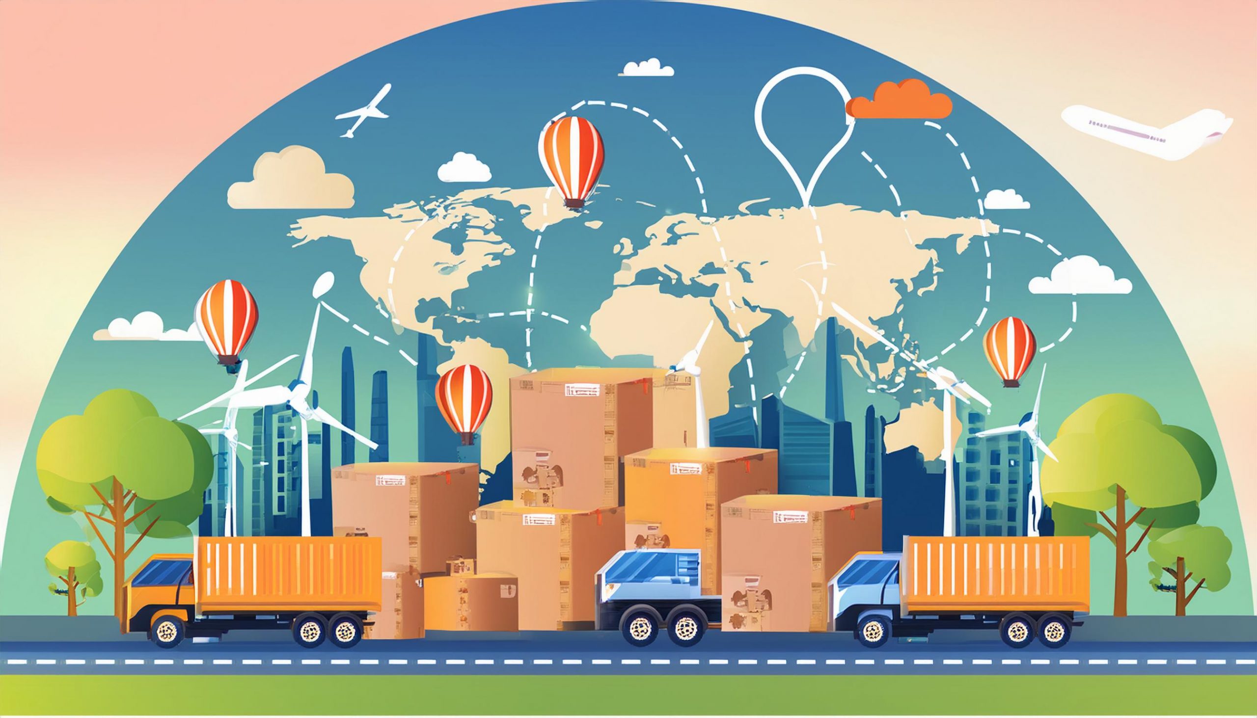 Illustration depicting parcel consolidation with multiple packages combined into one shipment, reducing transportation emissions and costs.