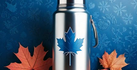 "Stainless steel YETI Rambler® 3.7 L Jug featured on a modern banner with a gradient blue and white background, accented by maple leaf and parcel icons representing Canada and shipping.