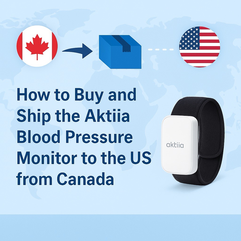 Cross-border shipping illustration with Canadian and US flags, shipping package, and Aktiia Blood Pressure Monitor, representing international package forwarding from Canada to the US.