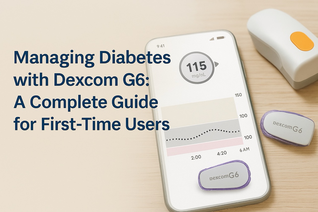 Dexcom G6 glucose monitor components on a wooden table with a smartphone displaying glucose data; ideal for first-time users managing diabetes and seeking to ship from Canada to USA using a Canadian parcel forwarder.