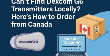 Illustration showing a Dexcom G6 transmitter, a Canadian parcel box, and a laptop with package tracking, representing how to order Dexcom G6 from Canada using a Canadian parcel forwarder.