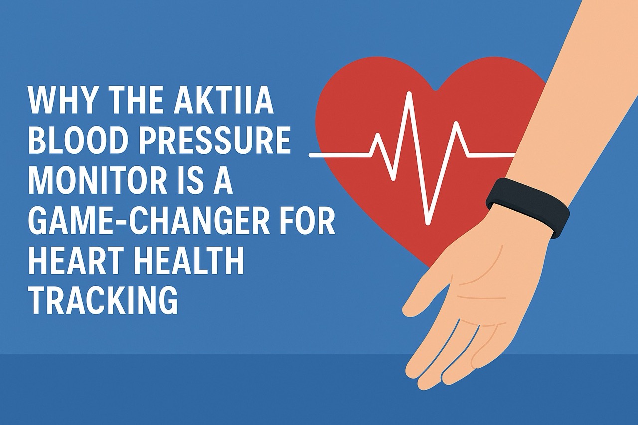 Wrist wearing the Aktiia Blood Pressure Monitor with ECG heartbeat graphic and heart health icons on a blue gradient background; ideal for blogs about 24/7 heart health tracking and wearable health tech.