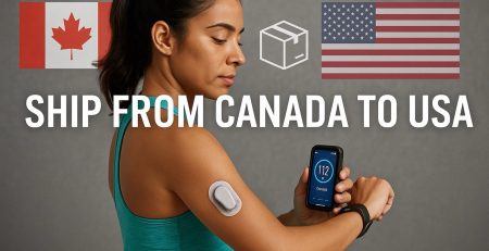 A female athlete using a Dexcom G6 sensor with a glucose reading of 112, showing Canada and USA flags and a shipping icon.