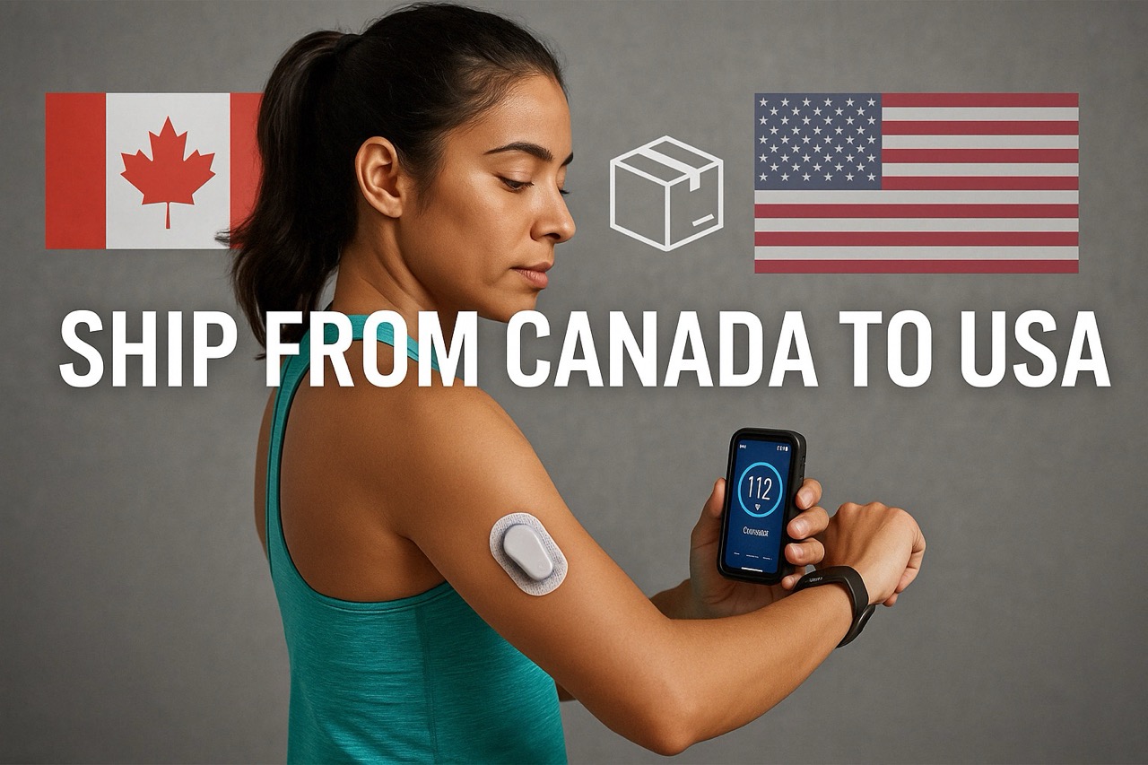 A female athlete using a Dexcom G6 sensor with a glucose reading of 112, showing Canada and USA flags and a shipping icon.