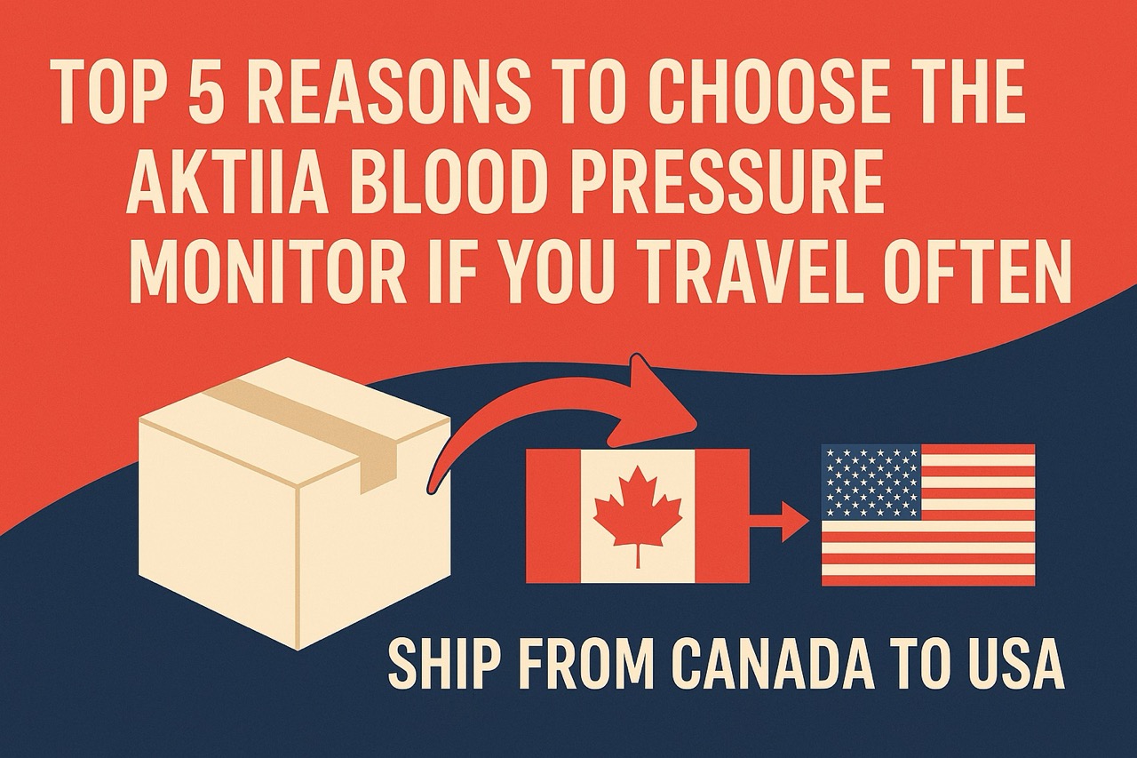 Banner image showing cross-border shipping from Canada to the USA, with a bold title “Top 5 Reasons to Choose the Aktiia Blood Pressure Monitor If You Travel Often” and visual elements of travel and package forwarding. Highlights the benefits of using a Canadian parcel forwarder to ship from Canada to USA.