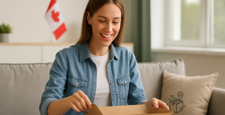 U.S. shopper receiving parcel from Canada with a smiling expression – concept of tariff-free shipping and Canadian parcel forwarder advantage.