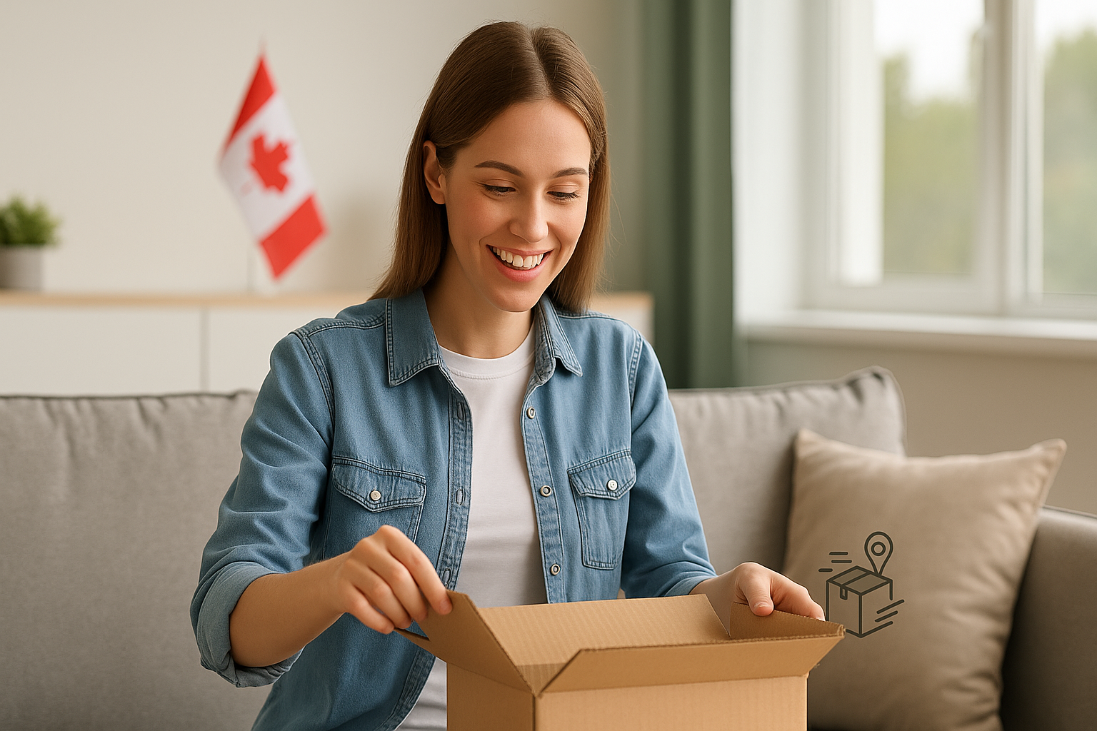 U.S. shopper receiving parcel from Canada with a smiling expression – concept of tariff-free shipping and Canadian parcel forwarder advantage.