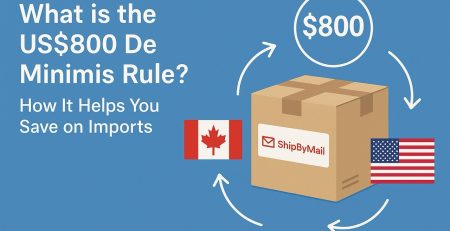 Parcel being shipped from Canada to the U.S. with "$800 de minimis rule" text overlay