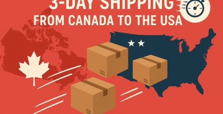 Fast shipping boxes traveling from Canada to the USA with express delivery symbols