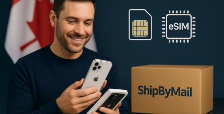 American shopper holding a new iPhone with Canadian flag and ShipByMail parcel box in background, representing cross-border iPhone shopping.