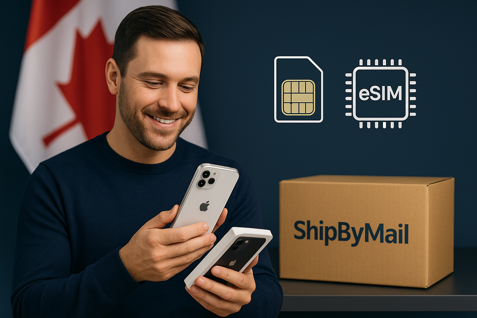 American shopper holding a new iPhone with Canadian flag and ShipByMail parcel box in background, representing cross-border iPhone shopping.