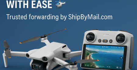 DJI Mini 4 Pro drone and RC 2 controller with text overlay promoting shipping from Canada to USA using ShipByMail – Canadian parcel forwarder solution.