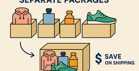 Visual example of package consolidation to save on shipping costs, showing four separate packages merged into one box with the message “Save on Shipping”