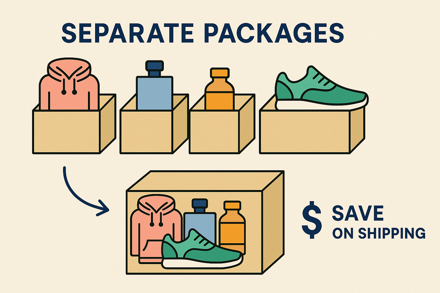 Visual example of package consolidation to save on shipping costs, showing four separate packages merged into one box with the message “Save on Shipping”