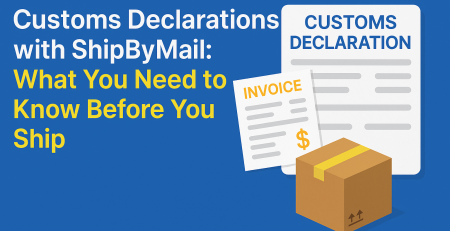 Customs declaration form, invoice, and shipping box on a blue background with blog title