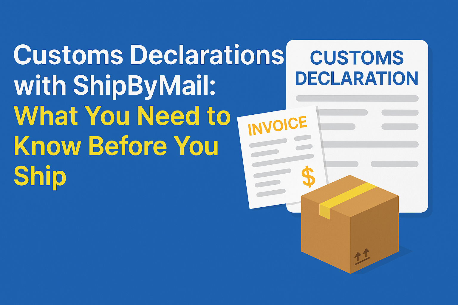 Customs declaration form, invoice, and shipping box on a blue background with blog title