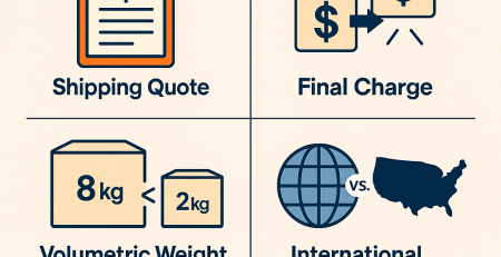 Understanding Your Shipping Costs: Quotes, Weight, and Value Explained" with visuals comparing shipping quotes vs final charges, volumetric vs actual weight, and international vs domestic shipping.