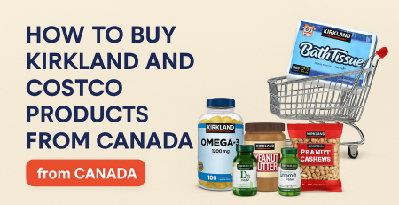 A shopping cart with Kirkland products like Omega-3, peanut butter, cashews, and bath tissue, promoting how to buy Costco and Kirkland items from Canada with ShipByMail.