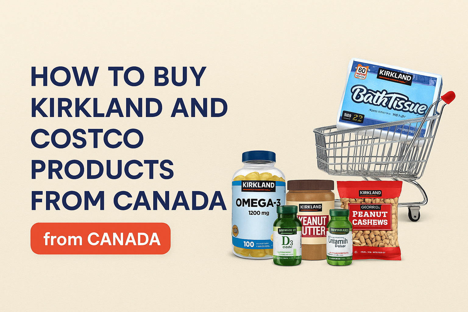 A shopping cart with Kirkland products like Omega-3, peanut butter, cashews, and bath tissue, promoting how to buy Costco and Kirkland items from Canada with ShipByMail.
