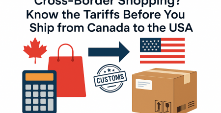 Flat digital illustration showing cross-border shopping from Canada to the USA. Includes a calculator, Canadian maple leaf, shopping bag, U.S. flag, customs stamp, and shipping box. Text overlay reads: "Cross-Border Shopping? Know the Tariffs Before You Ship from Canada to the USA."