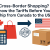 Flat digital illustration showing cross-border shopping from Canada to the USA. Includes a calculator, Canadian maple leaf, shopping bag, U.S. flag, customs stamp, and shipping box. Text overlay reads: "Cross-Border Shopping? Know the Tariffs Before You Ship from Canada to the USA."