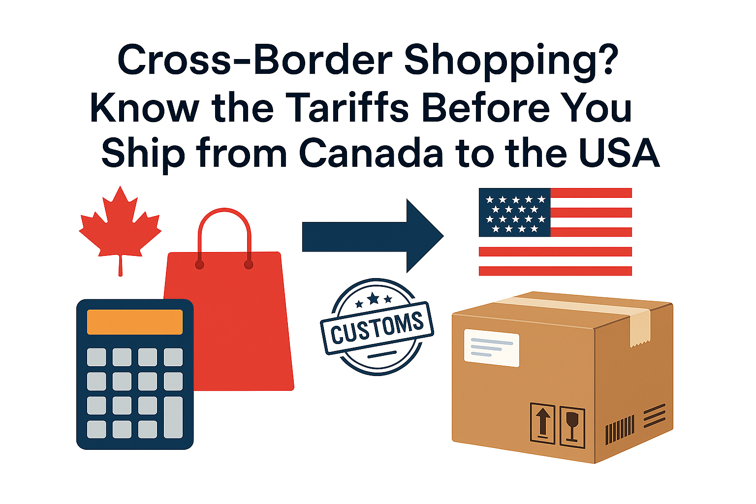 Flat digital illustration showing cross-border shopping from Canada to the USA. Includes a calculator, Canadian maple leaf, shopping bag, U.S. flag, customs stamp, and shipping box. Text overlay reads: "Cross-Border Shopping? Know the Tariffs Before You Ship from Canada to the USA."