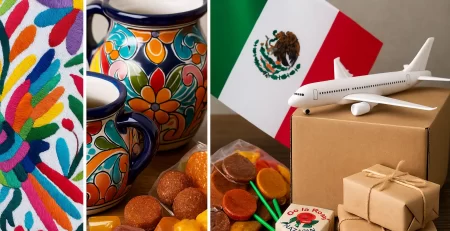 Mexican cultural items and shipping symbols including embroidered textiles, ceramic pottery, traditional candy, and cardboard packages with a toy airplane and Mexican flag