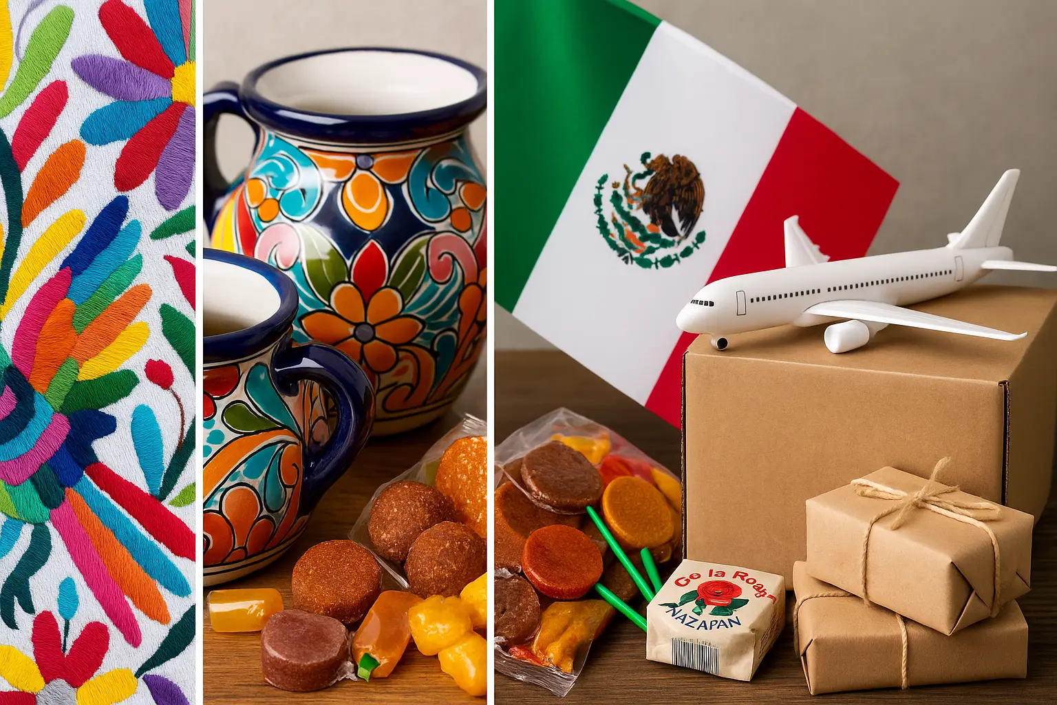 Mexican cultural items and shipping symbols including embroidered textiles, ceramic pottery, traditional candy, and cardboard packages with a toy airplane and Mexican flag