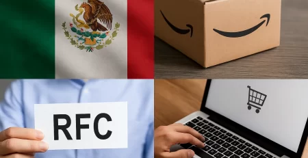 Collage showing an Amazon Mexico delivery box, a Mexican tax RFC document, a desktop screen with an Amazon.mx account page, and a symbolic icon of a customs officer checking paperwork