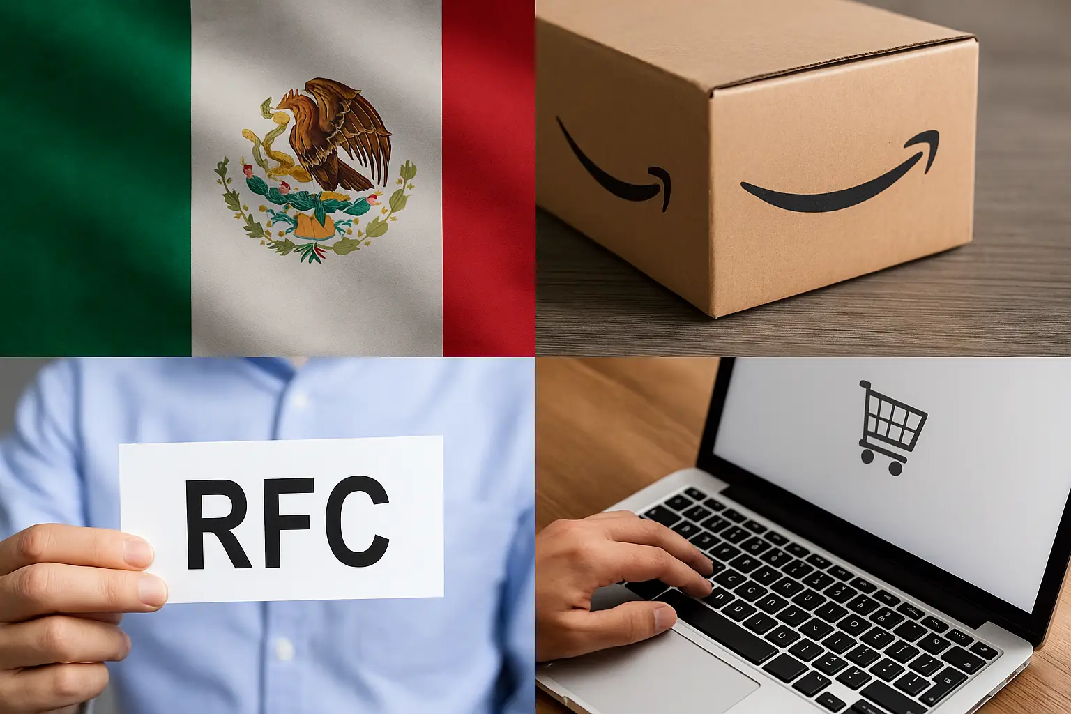 Collage showing an Amazon Mexico delivery box, a Mexican tax RFC document, a desktop screen with an Amazon.mx account page, and a symbolic icon of a customs officer checking paperwork