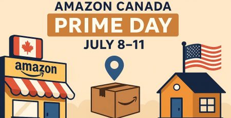 Amazon Canada Prime Day July 8–11 banner with ShipByMail parcel forwarding