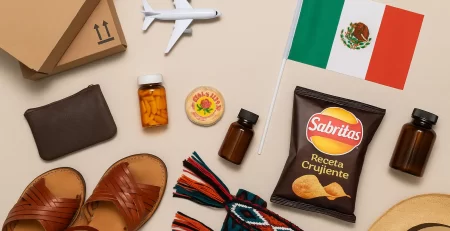 Mexican products including leather sandals, Sabritas chips, candy, supplements, a woven textile, and cardboard shipping boxes arranged with a toy airplane and Mexican flag
