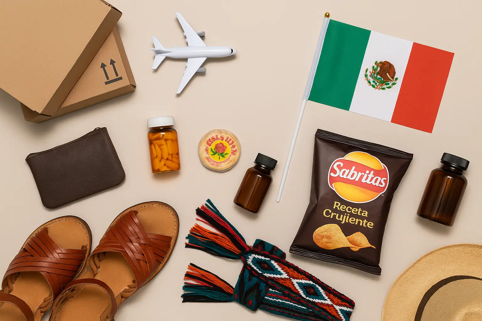 Mexican products including leather sandals, Sabritas chips, candy, supplements, a woven textile, and cardboard shipping boxes arranged with a toy airplane and Mexican flag