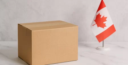 Cardboard box beside a small Canadian flag on a marble surface