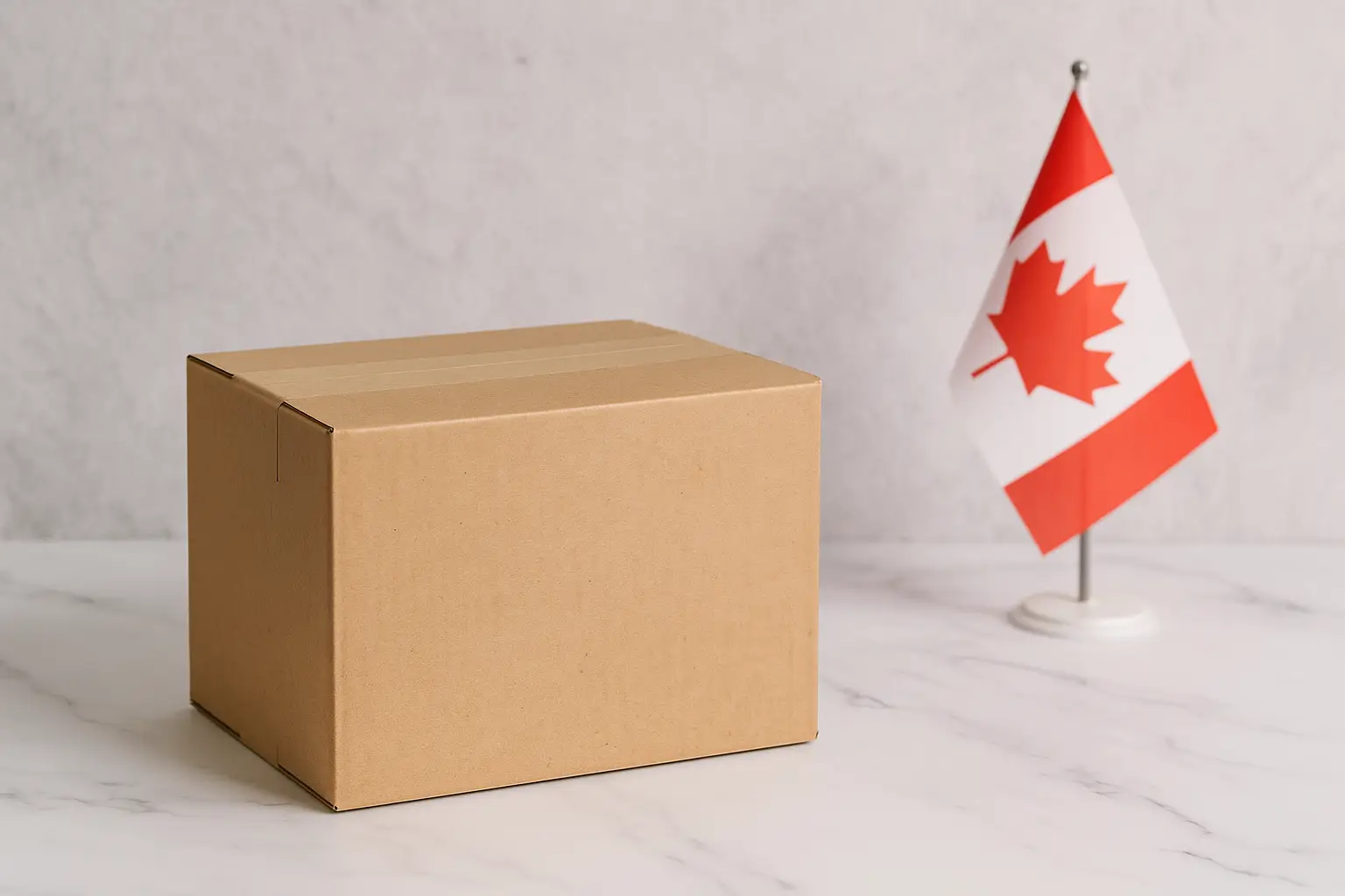 Cardboard box beside a small Canadian flag on a marble surface