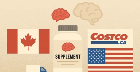 Flat-style illustration of a supplement bottle between Canadian and American flags with Costco.ca branding and a delivery truck