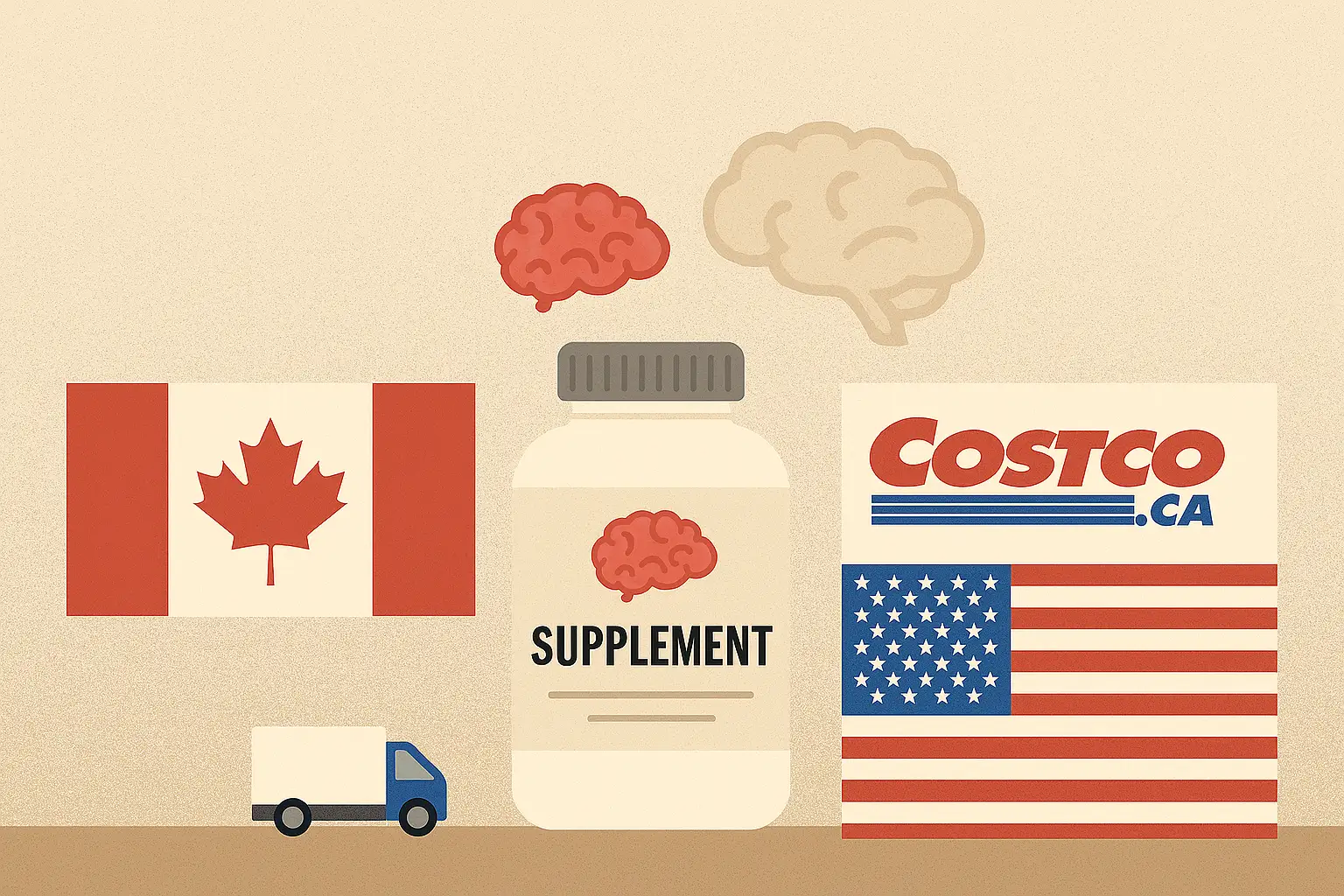 Flat-style illustration of a supplement bottle between Canadian and American flags with Costco.ca branding and a delivery truck