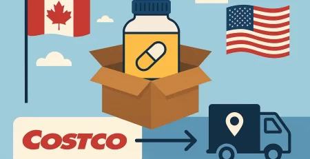 Illustration of a Costco supplement bottle in a box with Canada and U.S. flags, a delivery truck, and arrow showing cross-border shipping