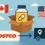 Illustration of a Costco supplement bottle in a box with Canada and U.S. flags, a delivery truck, and arrow showing cross-border shipping