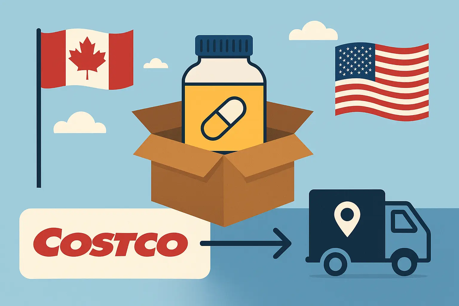 Illustration of a Costco supplement bottle in a box with Canada and U.S. flags, a delivery truck, and arrow showing cross-border shipping