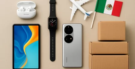 Huawei tablet, smartwatch, smartphone, and FreeBuds displayed alongside cardboard shipping boxes, a toy airplane, and the Mexican flag on a neutral background
