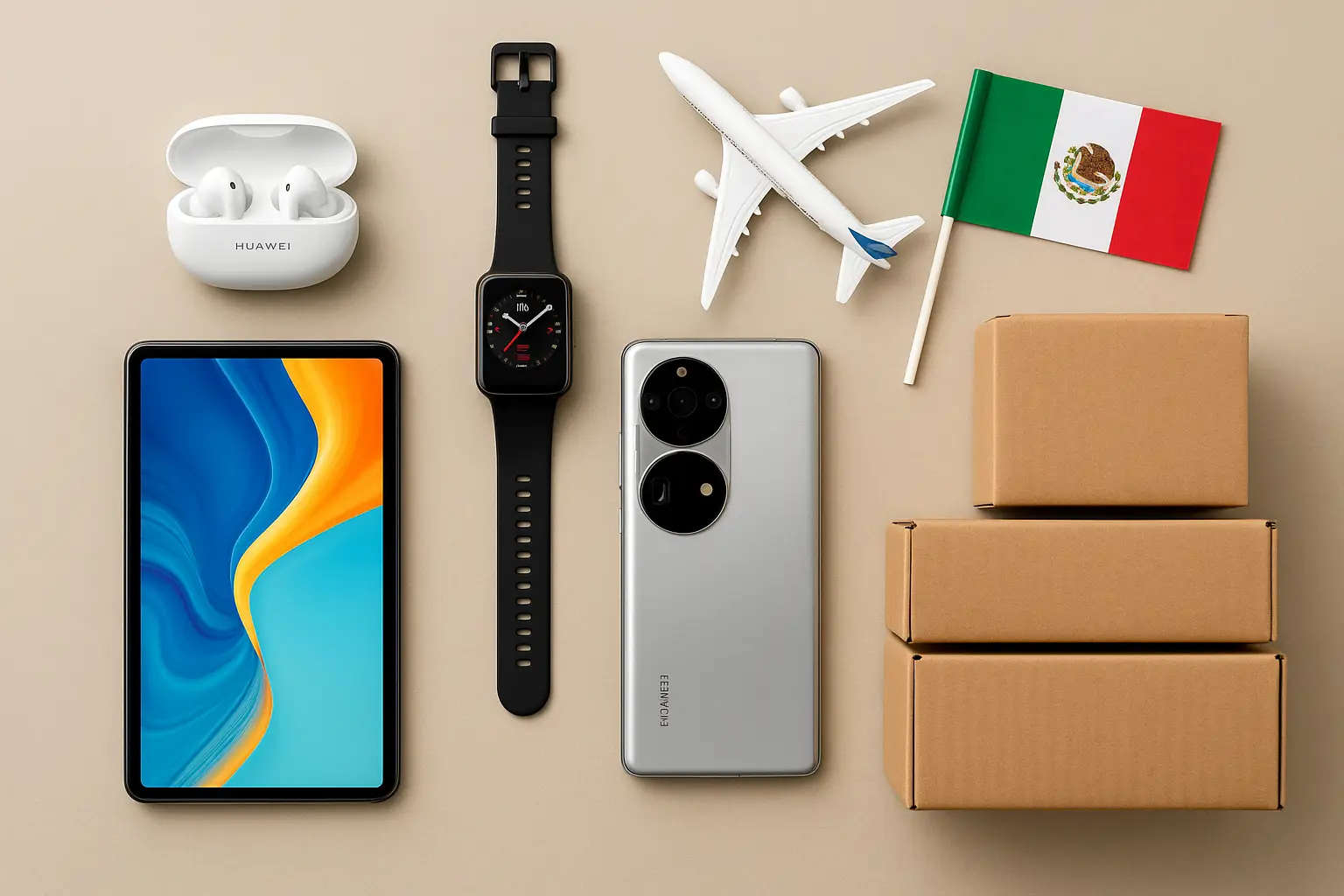 Huawei tablet, smartwatch, smartphone, and FreeBuds displayed alongside cardboard shipping boxes, a toy airplane, and the Mexican flag on a neutral background